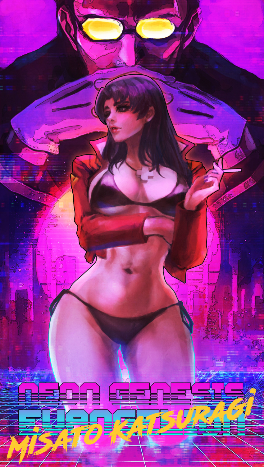 1boy 1girl absurdres bikini black_bikini breasts character_name cleavage contrapposto copyright_name cropped_legs cross cross_necklace crossed_arms curvy gendou_pose glasses hands_clasped highres ikari_gendou jacket jewelry katsuragi_misato large_breasts lips long_hair looking_to_the_side monori_rogue navel necklace neon_genesis_evangelion opaque_glasses open_clothes open_jacket own_hands_together purple_hair red_jacket side-tie_bikini smoking solo_focus standing swimsuit thick_thighs thighs toned underboob vaporwave