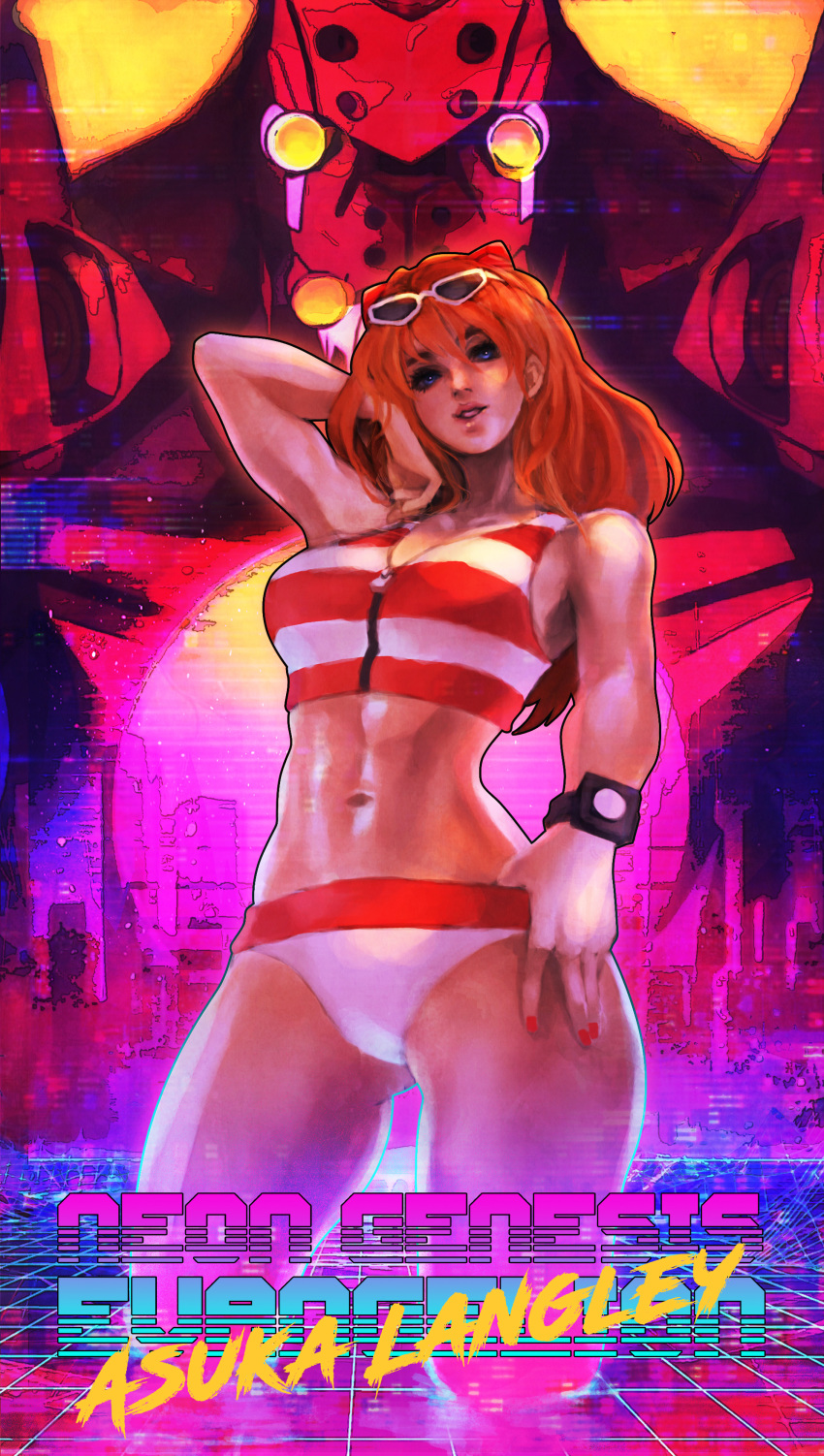 1girl abs absurdres arm_up ass_visible_through_thighs blue_eyes breasts character_name contrapposto copyright_name cropped_legs eva_02 eyeshadow eyewear_on_head hairpods hand_in_hair head_tilt highres makeup medium_breasts monori_rogue nail_polish navel neon_genesis_evangelion orange_hair pinup red_nails red_swimsuit solo_focus souryuu_asuka_langley standing sunglasses swimsuit tankini thick_thighs thighs toned vaporwave watch white_swimsuit wristwatch zipper