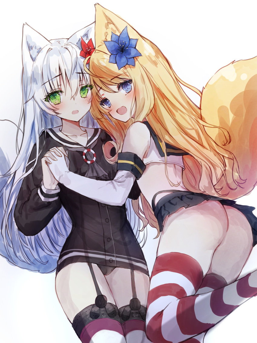 2girls absurdres amatsukaze_(kantai_collection) amatsukaze_(kantai_collection)_(cosplay) animal_ear_fluff animal_ears ass black_dress black_panties black_skirt blonde_hair blue_eyes blue_flower blue_sailor_collar blush collar commentary_request cosplay dress elbow_gloves flower fox_ears fox_girl fox_tail garter_straps gloves green_eyes grey_neckwear hair_flower hair_ornament highres holding_hands interlocked_fingers kantai_collection lifebuoy long_hair looking_at_viewer looking_back miniskirt multiple_girls open_mouth original panties pleated_skirt red_flower sailor_collar sailor_dress school_uniform see-through serafuku shimakaze_(kantai_collection) shimakaze_(kantai_collection)_(cosplay) shirt short_dress silver_hair simple_background skirt sleeveless sleeveless_shirt striped striped_legwear tail tail_raised tandohark thighhighs underwear very_long_hair white_background white_gloves white_sailor_collar white_shirt