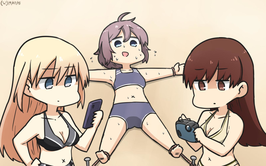 3girls alternate_costume aoba_(kantai_collection) bare_arms bare_legs bare_shoulders bikini bismarck_(kantai_collection) blonde_hair blue_eyes bound breasts brown_eyes brown_hair camera cellphone cleavage commentary_request dated from_above from_side hamu_koutarou highres kantai_collection large_breasts long_hair looking_down lying medium_breasts messy_hair midriff multiple_girls navel on_back ooi_(kantai_collection) open_mouth outdoors phone ponytail purple_hair sand scrunchie shaded_face signature smartphone swimsuit tied_up x_navel