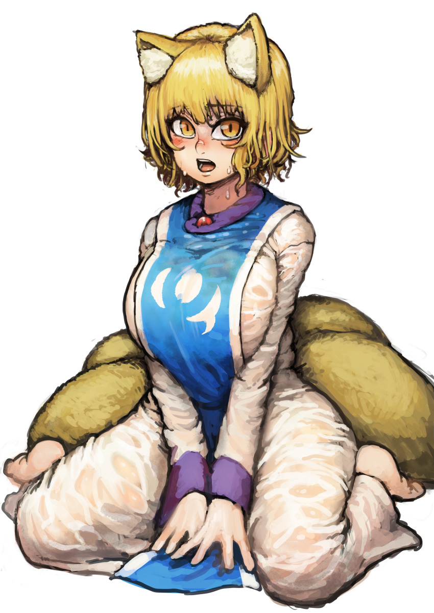 4_tails absurd_res animal_humanoid big_breasts blonde_hair blush bodily_fluids breasts canid canid_humanoid canine canine_humanoid chanta clothed clothing female fox_humanoid hair hi_res humanoid inner_ear_fluff mammal mammal_humanoid multi_tail open_mouth ran_yakumo short_hair sitting slit_pupils solo sweat teeth touhou video_games wet wet_clothing yellow_eyes