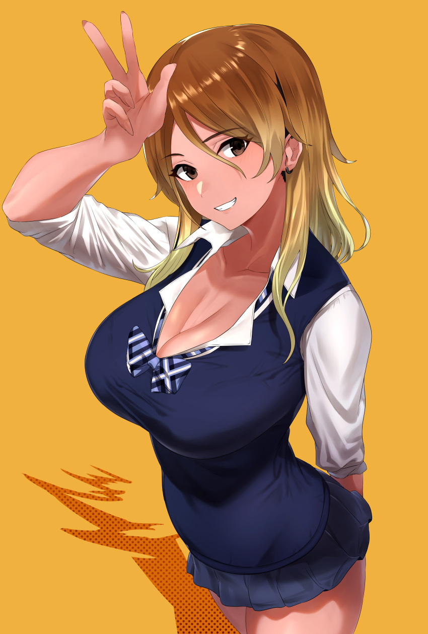 1girl absurdres bangs black_eyes blonde_hair blue_skirt blush bow bowtie breasts brown_hair cleavage collared_shirt dark_skin dress_shirt fujitsubo_(hujitubo0731) gradient_hair grin gyaru hand_gesture hand_up highres idolmaster idolmaster_shiny_colors izumi_mei large_breasts long_hair looking_at_viewer multicolored_hair pleated_skirt school_uniform shirt short_sleeves simple_background skirt smile solo sweater_vest thighs w white_shirt yellow_background