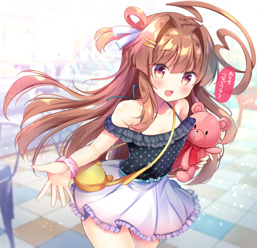 1girl :d ahoge bag bangs bare_shoulders black_camisole blue_ribbon blurry blurry_background brown_eyes brown_hair camisole depth_of_field eyebrows_visible_through_hair fang fingernails frilled_skirt frills hair_between_eyes hair_intakes hair_ornament hair_ribbon hair_rings hairclip heart_ahoge highres huge_ahoge kantai_collection kuma_(kantai_collection) long_hair masayo_(gin_no_ame) multicolored multicolored_polka_dots open_mouth outstretched_hand pink_scrunchie pleated_skirt polka_dot polka_dot_camisole purple_skirt red_eyes ribbon scrunchie shoulder_bag skirt smile solo stuffed_animal stuffed_toy teddy_bear tile_floor tiles translation_request very_long_hair wrist_scrunchie