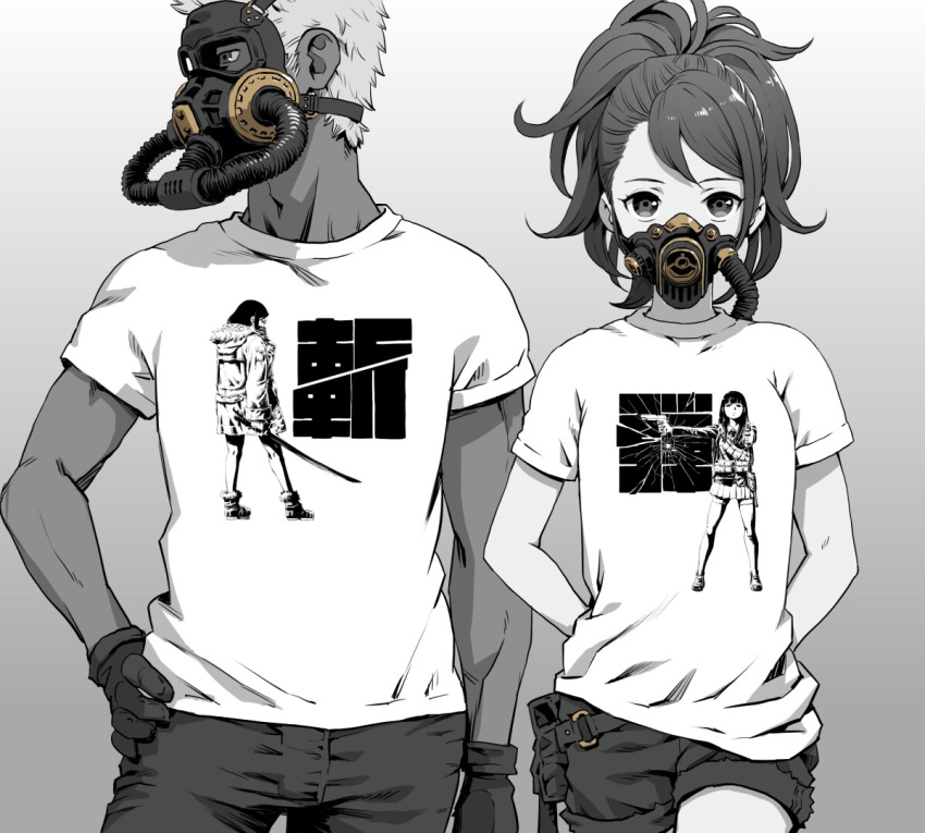 1boy 1girl gas_mask gun mask monochrome original ponytail shirt short_hair sword t-shirt ume_(yume_uta_da) weapon