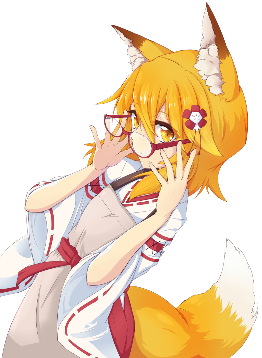 1girl animal_ear_fluff animal_ears apron bangs blonde_hair eyebrows_visible_through_hair flower fox_ears fox_girl fox_tail glasses hair_between_eyes hair_flower hair_ornament highres japanese_clothes long_sleeves looking_at_viewer miko red-framed_eyewear ribbon-trimmed_sleeves ribbon_trim sash semi-rimless_eyewear senko_(sewayaki_kitsune_no_senko-san) sewayaki_kitsune_no_senko-san simple_background solo suu2510 tail under-rim_eyewear white_background wide_sleeves yellow_eyes