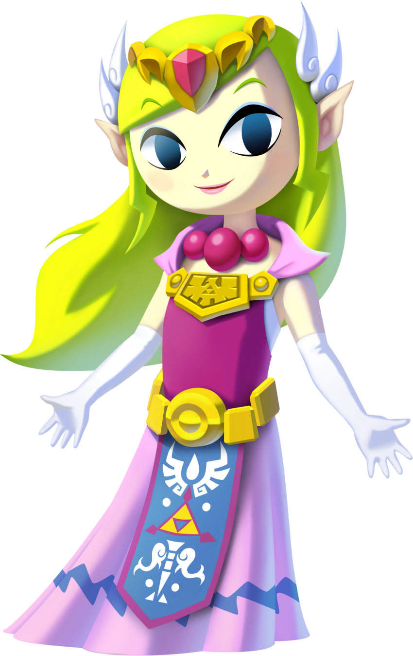 1girl belt blonde_hair blush dress eyebrows eyebrows_visible_through_hair eyeliner female female_focus female_only gloves hair hair_ornament highres human lipstick long_hair looking_at_viewer makeup necklace nintendo official_art pointy_ears princess_zelda royalty smile the_legend_of_zelda the_legend_of_zelda:_the_wind_waker the_wind_waker tiara