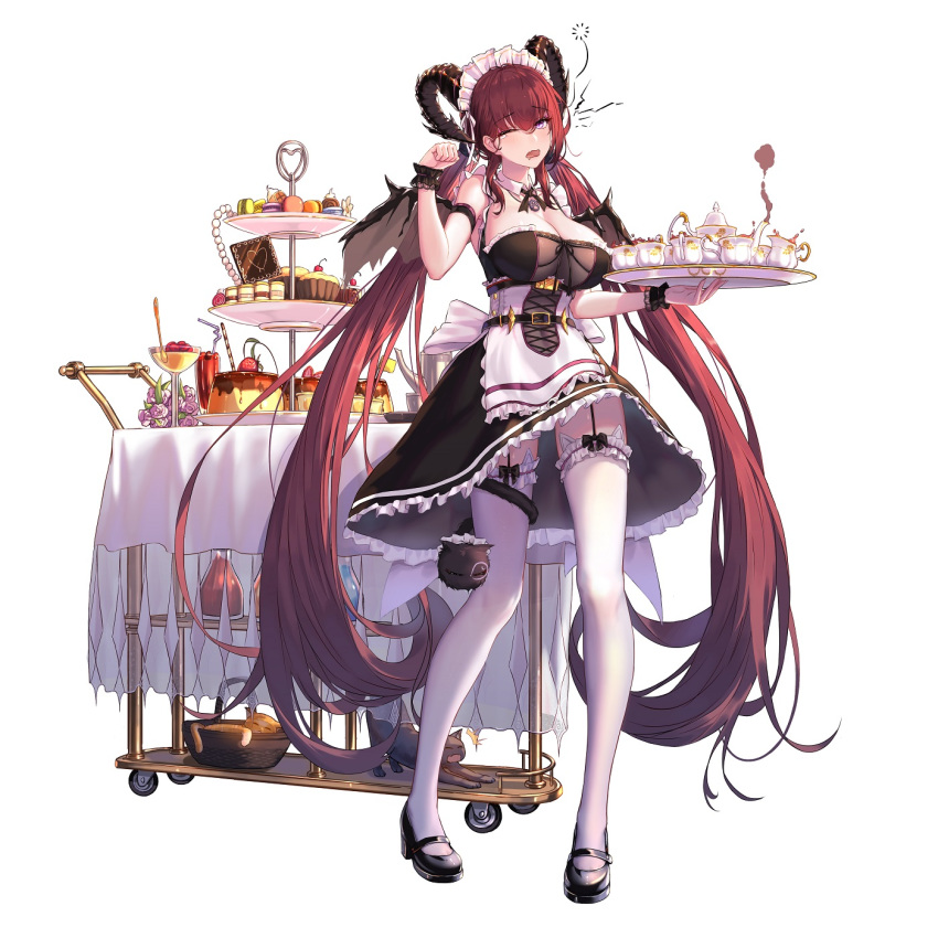 1girl 5555_96 ark_order bangs belphegor_(ark_order) black_dress black_footwear black_gloves blush breasts cake_stand cat cleavage cup detached_collar dress eyebrows_visible_through_hair food gloves hair_between_eyes head_tilt high_heels highres holding holding_tray horns large_breasts long_hair looking_at_viewer maid mary_janes one_eye_closed pantyhose pudding red_hair saucer shoes simple_background sleepy solo table teacup teapot tearing_up tray white_background white_legwear wrist_cuffs