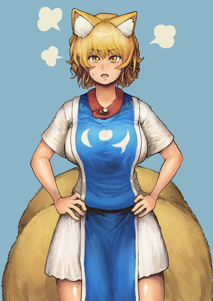 4_tails absurd_res animal_humanoid blonde_hair blush bodily_fluids breasts canid canid_humanoid canine canine_humanoid chanta clothed clothing dress female fox_humanoid hair hi_res humanoid inner_ear_fluff mammal mammal_humanoid multi_tail open_mouth ran_yakumo short_hair slit_pupils solo sweat touhou video_games yellow_eyes