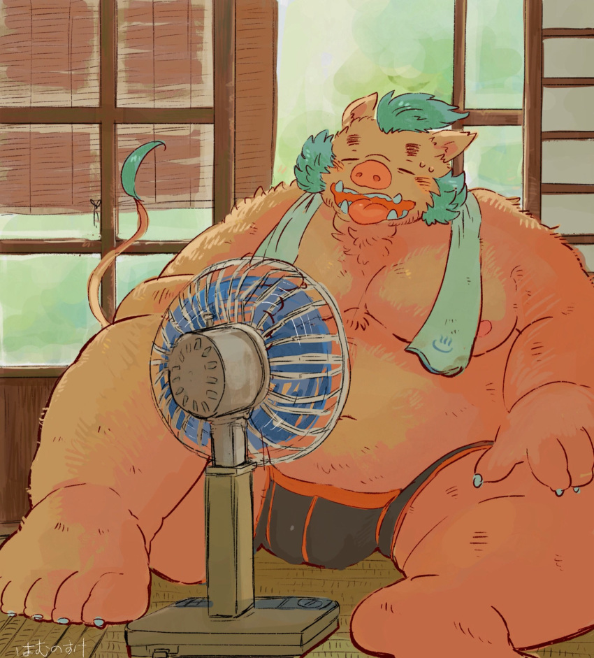 2019 anthro belly blush buta5kawa clothing detailed_background eyes_closed gouryou hamuga86 hi_res humanoid_hands male mammal moobs nipples overweight overweight_male sitting solo suid suina sus_(pig) tokyo_afterschool_summoners towel underwear video_games wild_boar