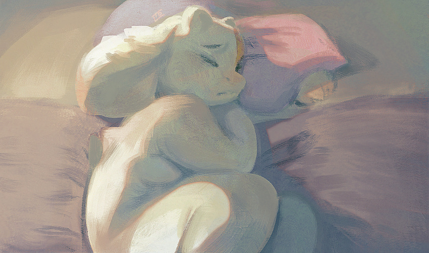 bed bedding big_ears blanket digital_media_(artwork) dragon female horn ilid little_horns locksto morning nude pillow sorrow wad white_body