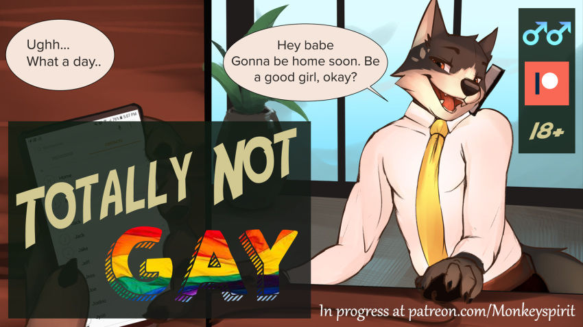 2019 anthro canid canine canis clothed clothing comic detailed_background domestic_dog english_text fan_character husky lgbt_pride male mammal monkeyspirit necktie nordic_sled_dog phone pride_colors shirt solo spitz text topwear