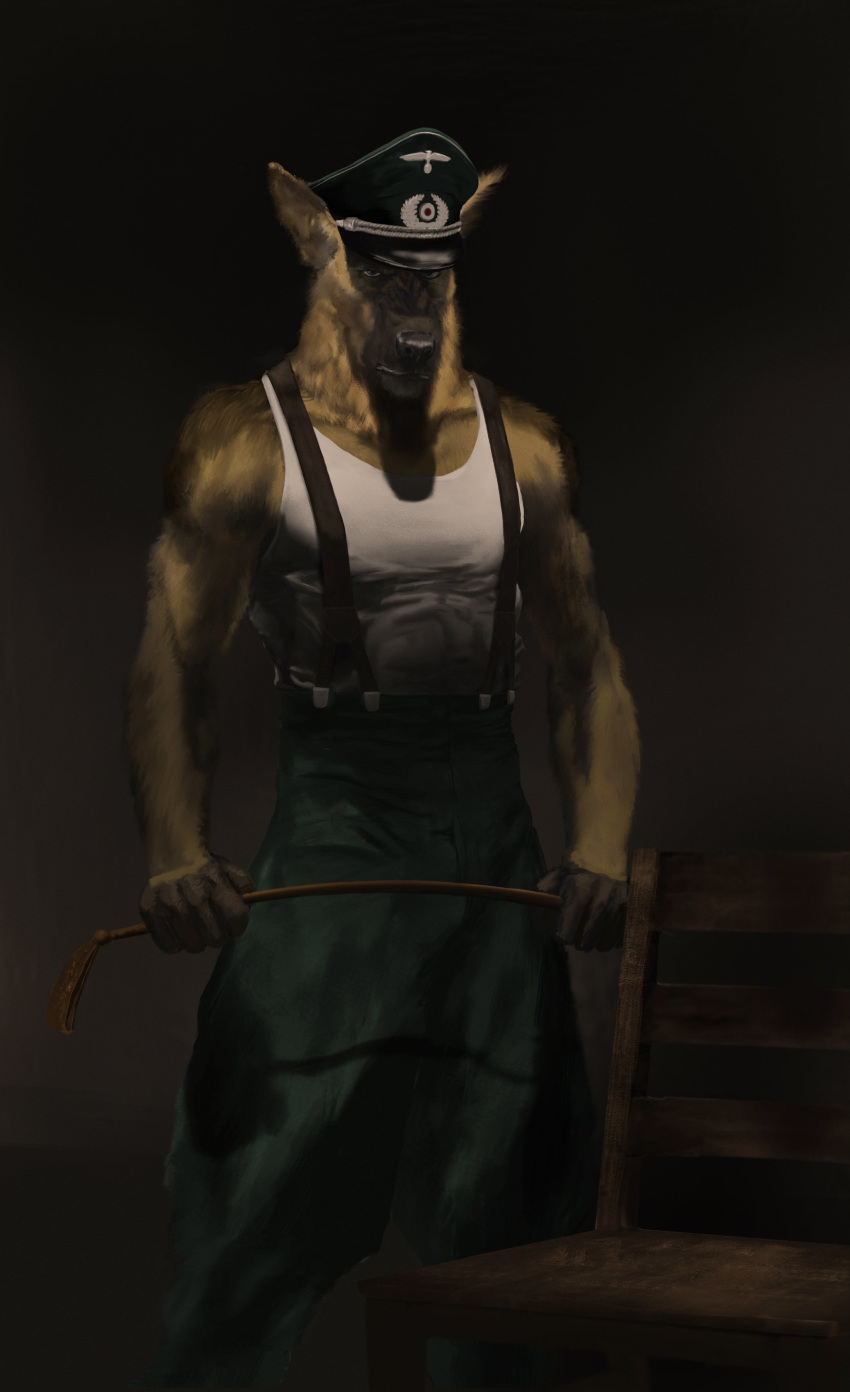 absurd_res anthro blue_eyes canid canine canis chair clothing domestic_dog fur german_shepherd hauptmann_meade herding_dog hi_res mad_smoker male mammal military muscular officer pastoral_dog riding_crop simple_background soldier solo uniform wehrmacht whip