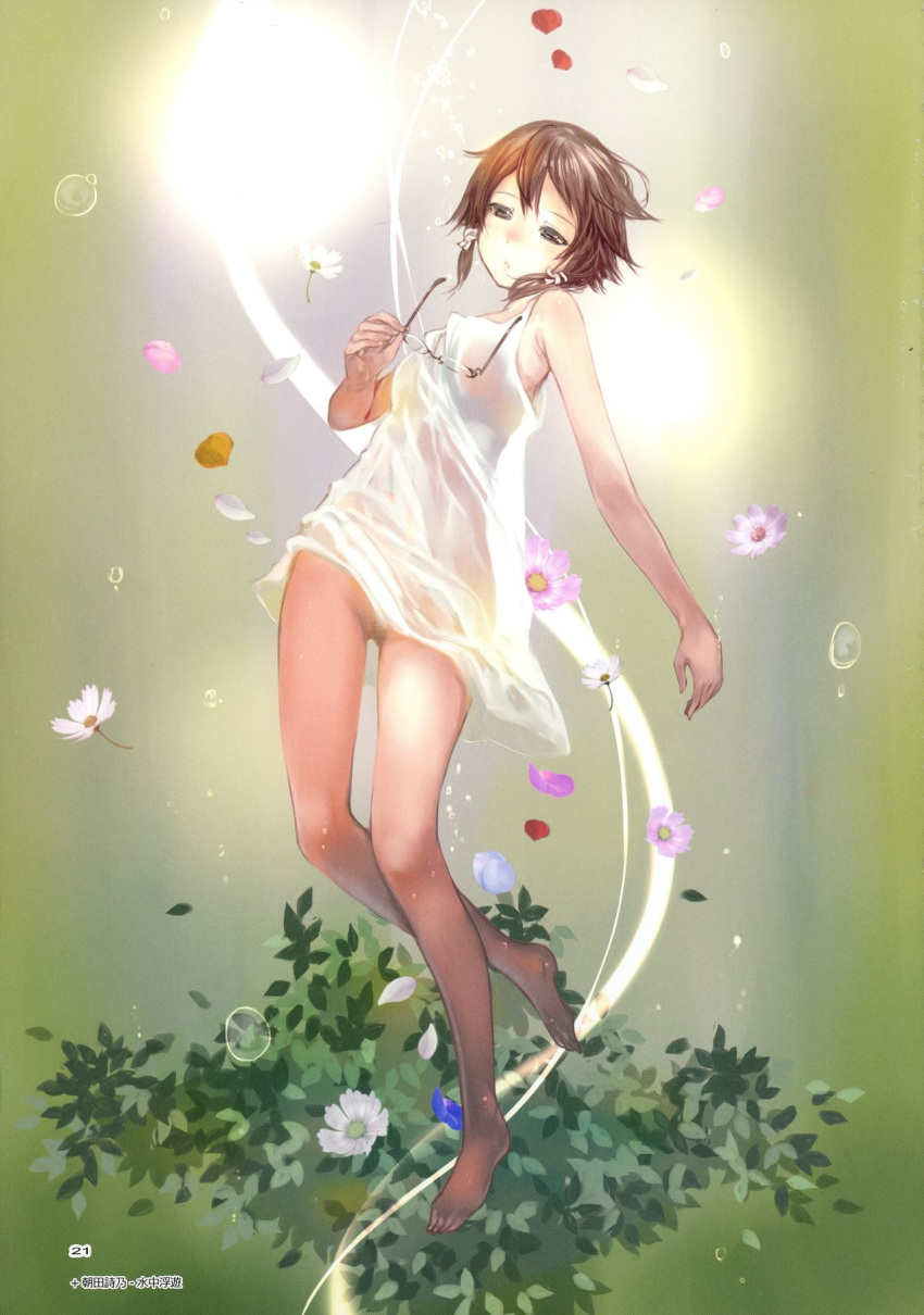 1girl asada_shino barefoot brown_eyes brown_hair dress flower full_body glasses green_background hair_ribbon highres holding holding_eyewear mikazuki_akira! page_number pussy ribbon rimless_eyewear short_dress short_hair sidelocks sleeveless sleeveless_dress solo sword_art_online thigh_gap white_dress white_flower white_ribbon