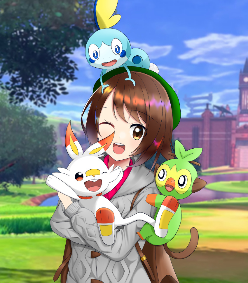 1girl ;d absurdres blue_sky blurry blurry_background brown_eyes brown_hair cloud collared_shirt female_protagonist_(pokemon_swsh) gen_8_pokemon green_headwear grey_cardigan grookey highres holding holding_pokemon hooded_cardigan long_sleeves looking_at_viewer one_eye_closed open_mouth outdoors pokemon pokemon_(creature) pokemon_(game) pokemon_on_head pokemon_on_shoulder pokemon_swsh red_shirt scorbunny shiny shiny_hair shirt short_hair sky smile sobble teamfor_k wing_collar