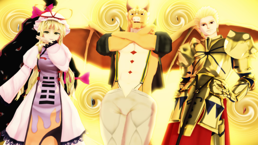 16:9 2019 3d_(artwork) anthro archer_gilgamesh blonde_hair breasts clothed clothing crossover digital_media_(artwork) dragon fate_(series) female hair horn human male malicekira mammal melee_weapon muscular muscular_male open_mouth ophion pecs portal scales scalie smile smug tokyo_afterschool_summoners touhou video_games weapon wings yukari_yakumo
