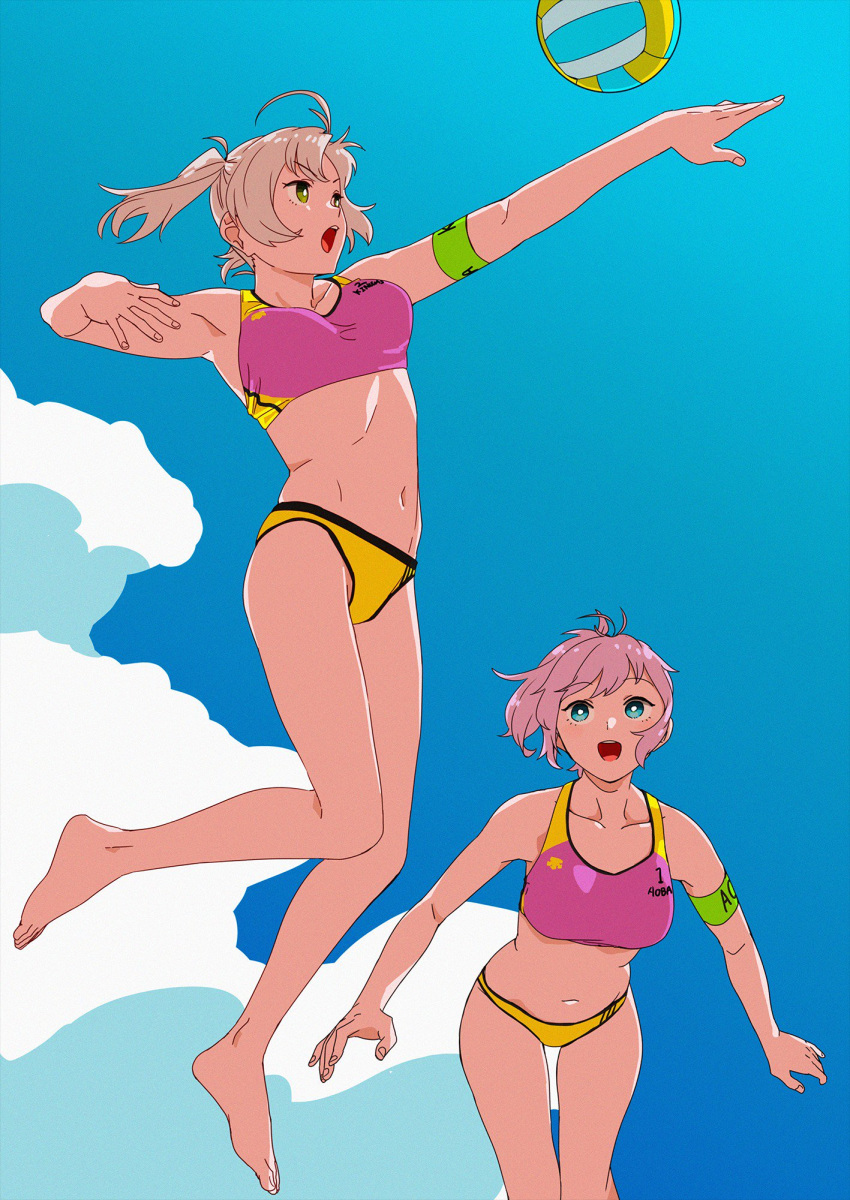 2girls antenna_hair aoba_(kantai_collection) armband barefoot beach_volleyball bikini blue_eyes blue_sky breasts cloud collarbone cowboy_shot full_body green_eyes grey_hair highres jumping kantai_collection kinugasa_(kantai_collection) medium_breasts mismatched_bikini multiple_girls navel ojipon open_mouth ponytail purple_hair round_teeth scrunchie short_hair sky spiking sports_bikini swimsuit teeth upper_teeth volleyball