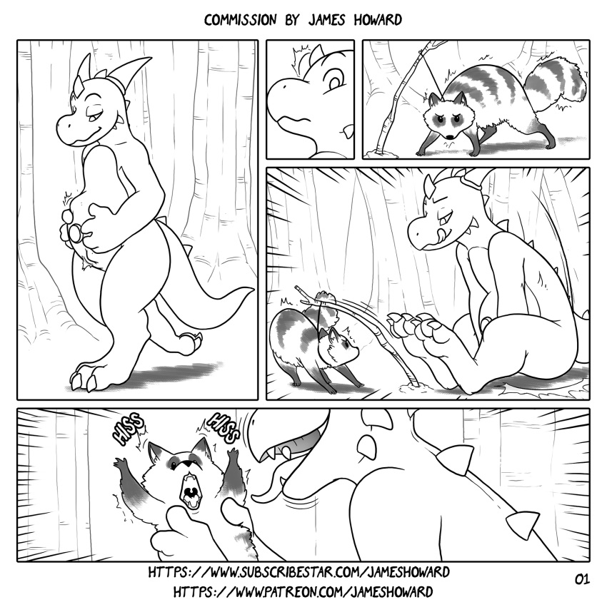 abdominal_bulge comic dragon forest hi_res james_howard male male_pred mammal procyonid raccoon reptile scalie trap_(contrivance) tree vore