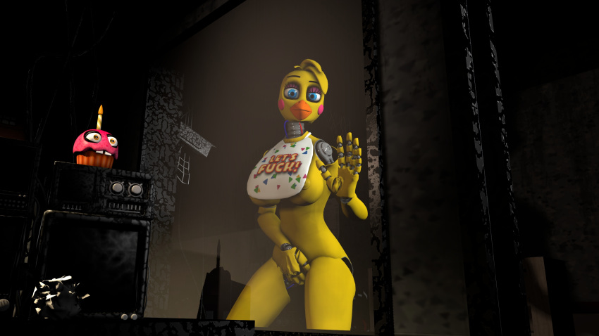3d_(artwork) animatronic anthro avian bird breasts chicken covering covering_crotch covering_self cupcake digital_media_(artwork) duo english_text female five_nights_at_freddy's five_nights_at_freddy's_2 food galliform gallus_(genus) hi_res inside machine nighttrap nipples phasianid robot text toy_chica_(fnaf) video_games