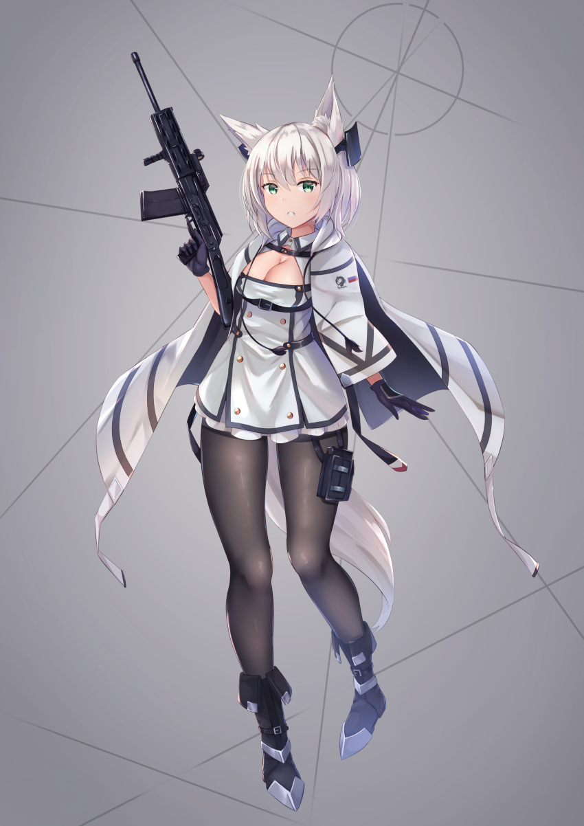 1girl absurdres animal_ear_fluff animal_ears black_legwear breasts cape cleavage f_(milfaaaaa) foregrip fox_ears gloves green_eyes gun highres holding holding_gun holding_weapon looking_at_viewer original pantyhose saiga-12 short_hair silver_hair simple_background solo weapon