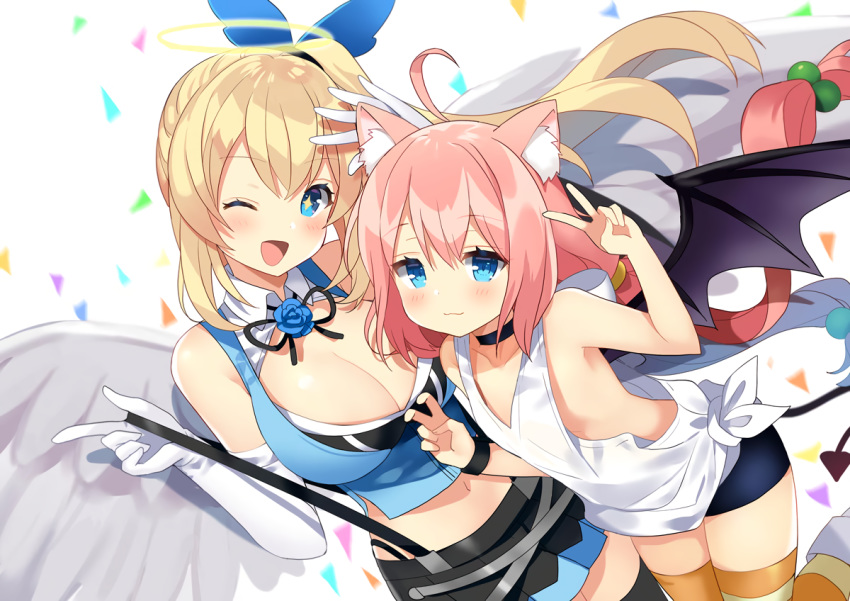 2girls angel animal_ears aqua_eyes bike_shorts blonde_hair blush breasts catgirl choker cleavage crossover demon flat_chest halo hinata_channel kurot long_hair mirai_akari mirai_akari_project nekomiya_hinata no_bra pink_hair ponytail shorts skirt tail thighhighs wings wink zettai_ryouiki