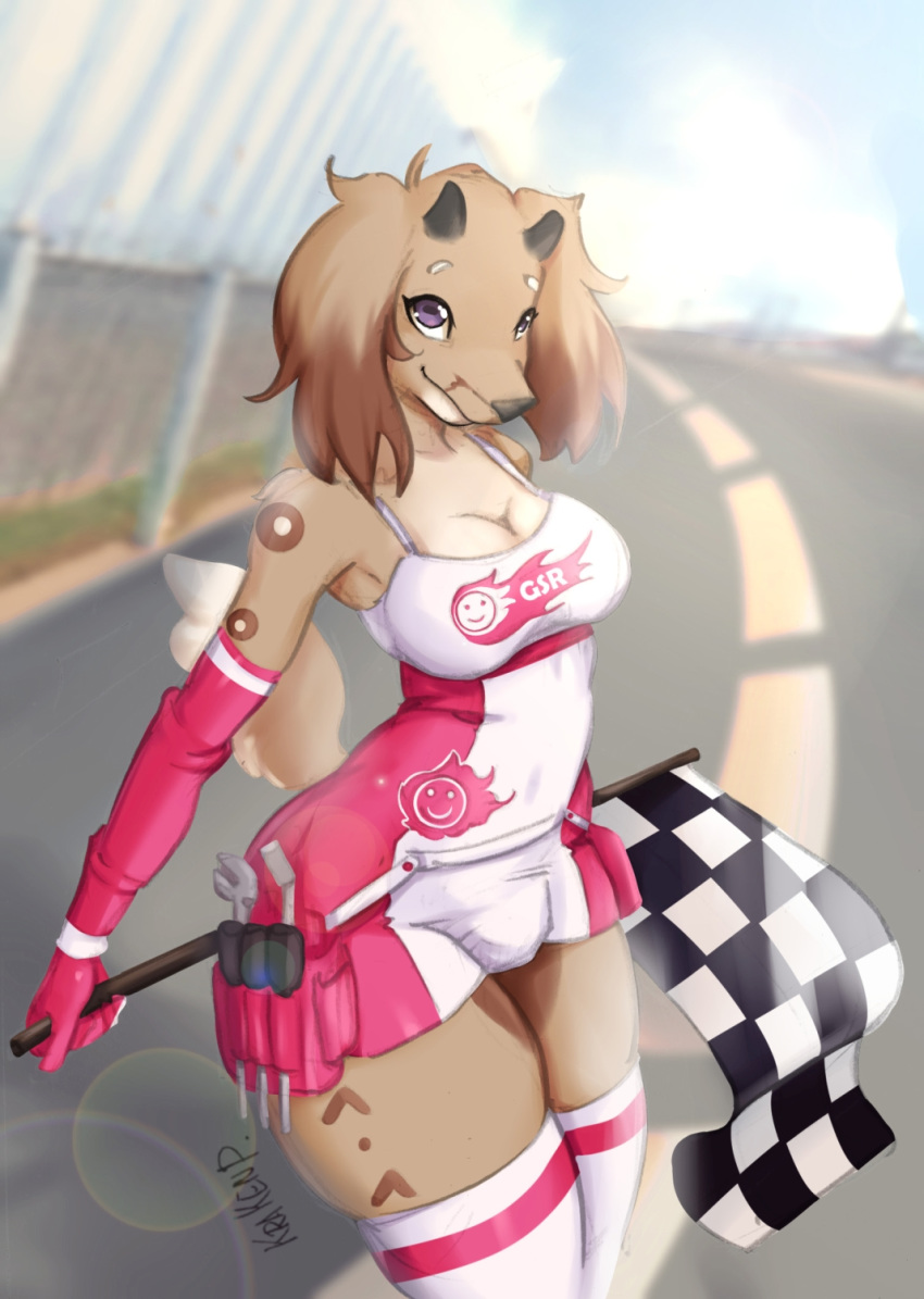2019 anthro armwear bovid breasts brown_fur bulge canid canine canis caprine checkered_flag cleavage clothed clothing cosplay domestic_dog dress flag floppy_ears fur fur_markings gloves goat goodsmile_racing gynomorph handwear hi_res holding_object horizontal_pupils horn hybrid intersex krakenparty legwear looking_at_viewer mammal markings meiko_(vocaloid) purple_eyes race_queen race_track road sally_hazel thigh_highs vocaloid white_fur