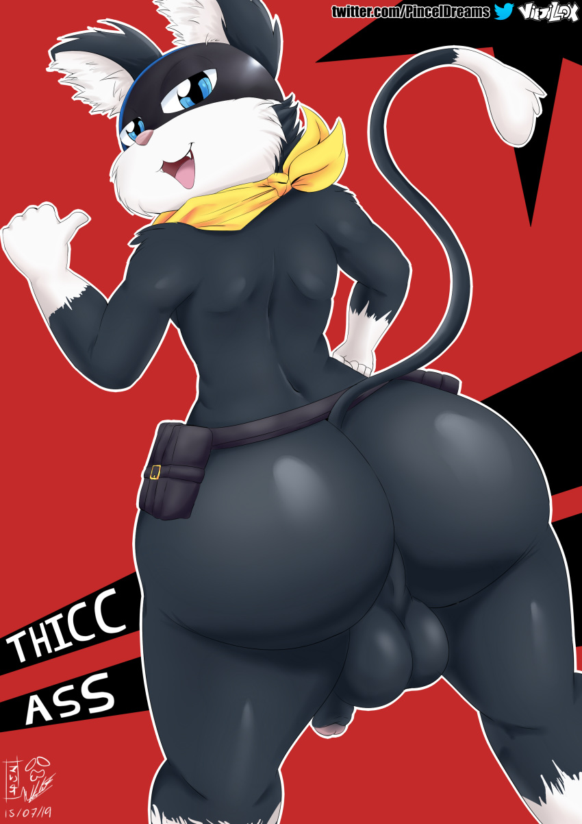 absurd_res animal_genitalia anthro atlus backpack balls butt hi_res male megami_tensei megami_tensei_persona morgana_(persona) sheath solo video_games viejillox wide_hips