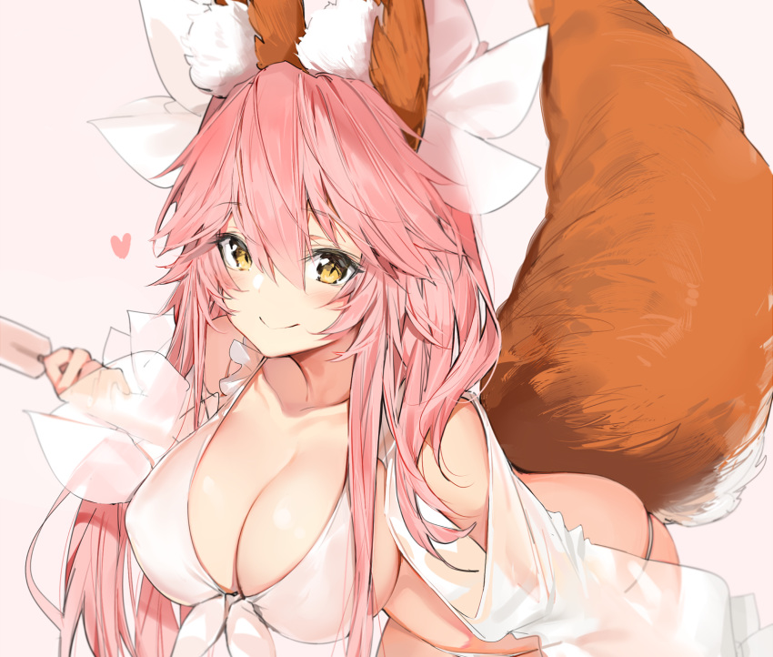 animal_ears bikini blush bow breasts cleavage cropped fate/extra fate/grand_order fate_(series) foxgirl heart long_hair pink_hair popsicle see_through silver_(chenwen) swimsuit tail tamamo_no_mae_(fate) yellow_eyes