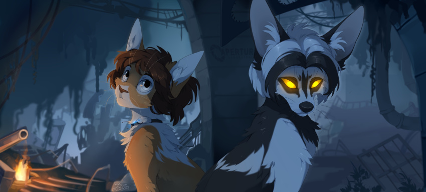 2019 blue_eyes brown_hair canid canine chell detailed_background digital_media_(artwork) duo feral feralized fox fur hair hi_res mammal portal_(series) reysi sitting valve video_games whiskers white_fur yellow_eyes