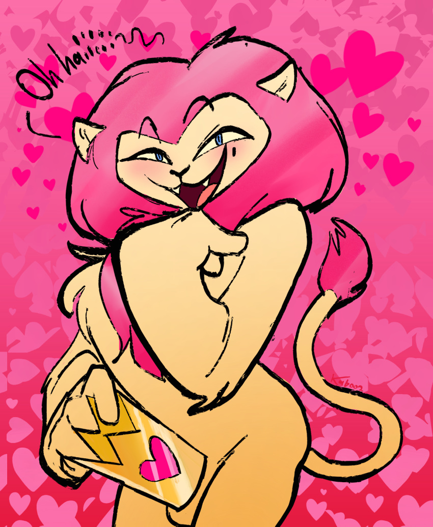 &lt;3 anthro balls barely_visible_balls barely_visible_genitalia blue_eyes blush crown felid hair hi_res kaboozey king_snugglemagne lion looking_at_viewer male mammal mane mao_mao_heroes_of_pure_heart nude pantherine pink_hair pink_mane solo text