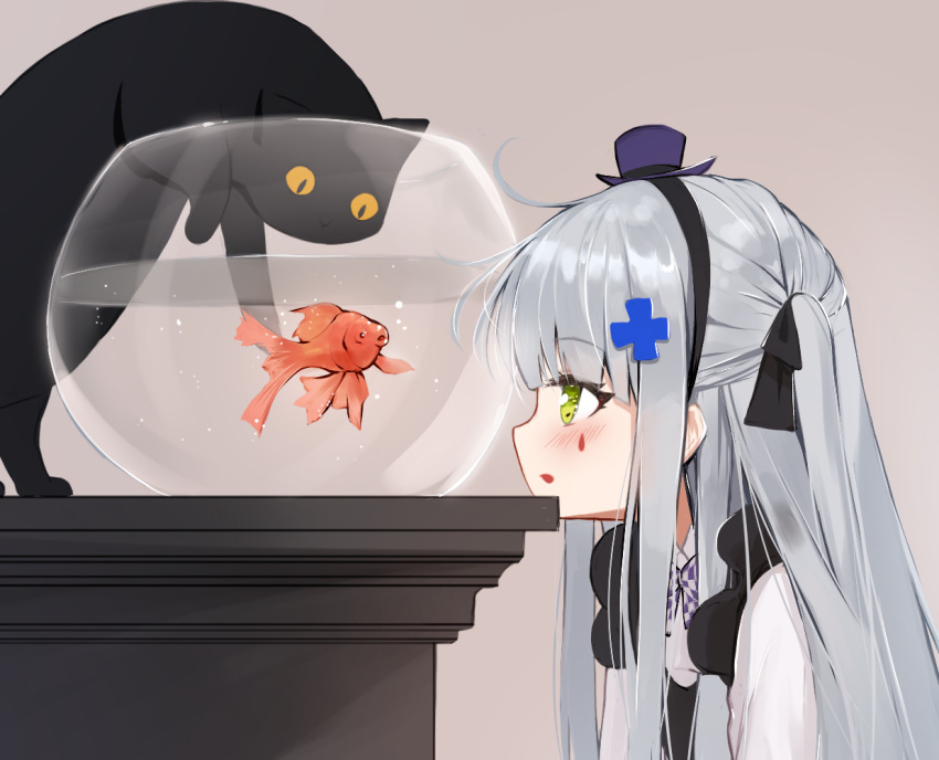 aliasing animal ankkoyom anthropomorphism blush bow cat cropped fish girls_frontline goth-loli gray_hair green_eyes hat headband hk416_(girls_frontline) lolita_fashion long_hair tattoo water