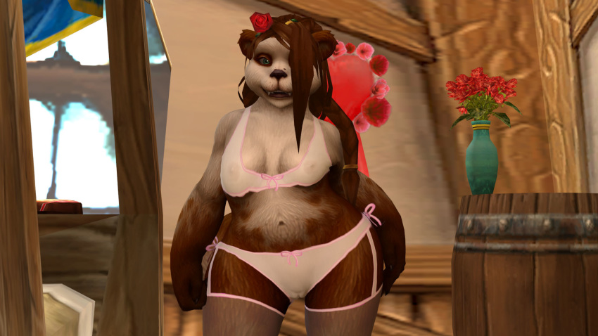 16:9 3d_(artwork) blizzard_entertainment bra brown_hair clothing digital_media_(artwork) fur_patterns green_eyes hair hetaya hi_res holidays ilikepandaren invalid_tag legwear mammal pandaren panties rose_(disambiguation) stockings underwear ursid valentine's_day video_games warcraft