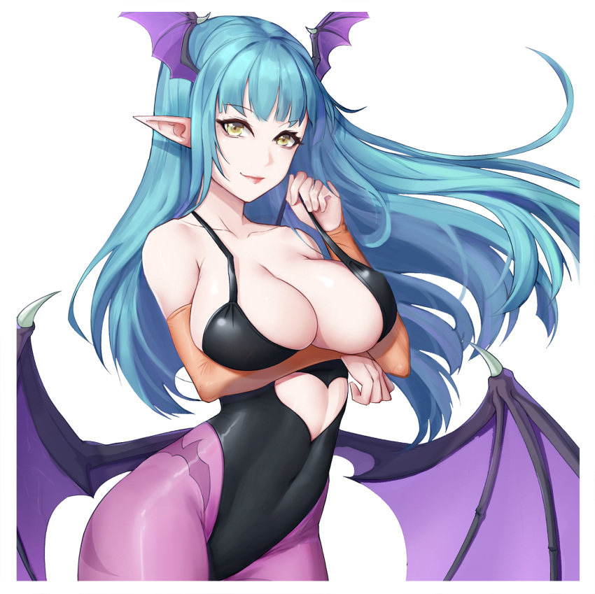 1girl animal_print bare_shoulders bat_print bat_wings breasts bridal_gauntlets cleavage commentary_request demon_girl elbow_gloves eyebrows_visible_through_hair gloves green_eyes green_hair head_wings heart_cutout highres large_breasts leotard lis_zhu_long long_hair morrigan_aensland pantyhose print_legwear simple_background solo succubus vampire_(game) white_background wings