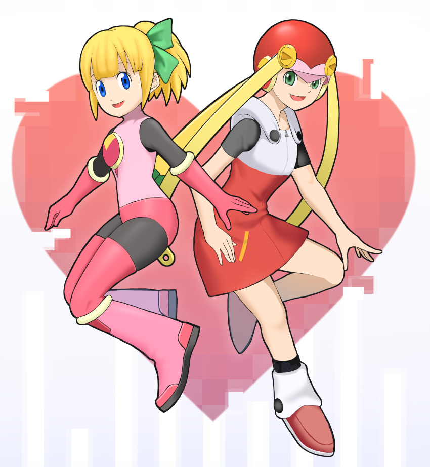 2girls absurdres bangs blonde_hair blue_eyes blunt_bangs bow capcom cosplay costume_switch full_body gloves green_eyes hair_bow helmet highres homomomomon hooded_dress long_hair multiple_girls netnavi open_mouth pink_footwear pink_gloves ponytail rockman rockman_(classic) rockman_exe roll roll_(cosplay) roll_exe roll_exe_(cosplay) sidelocks smile