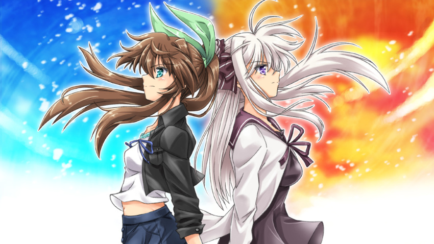 2girls back-to-back bangs black_border black_jacket blue_background blue_shorts border brown_hair cardigan closed_mouth commentary_request dress eyebrows_visible_through_hair frown fuuka_reventon green_eyes green_ribbon hair_bobbles hair_ornament hair_ribbon jacket long_hair long_sleeves lyrical_nanoha multicolored multicolored_background multiple_girls navel open_clothes open_jacket orange_background ponytail purple_dress purple_eyes ribbon rinne_berlinetta sailor_dress san-pon shirt short_dress shorts silver_hair standing sweater vivid_strike! white_shirt white_sweater wind