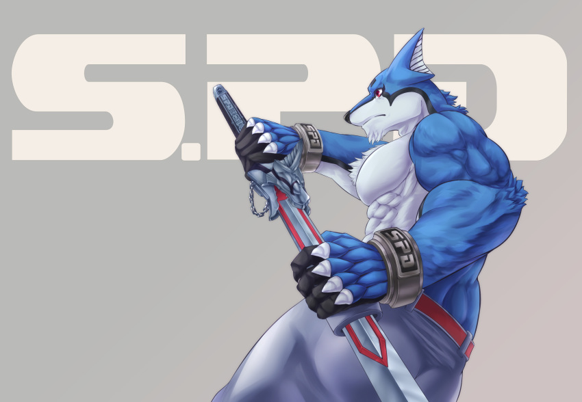 abs anthro biceps biped blue_fur canid canine canis doggie_kruger domestic_dog fur hi_res holding_sword kurehusadragon male mammal melee_weapon multicolored_fur muscular muscular_male pecs power_rangers red_eyes simple_background solo sword tokusou_sentai_dekaranger triceps two_tone_fur weapon white_fur