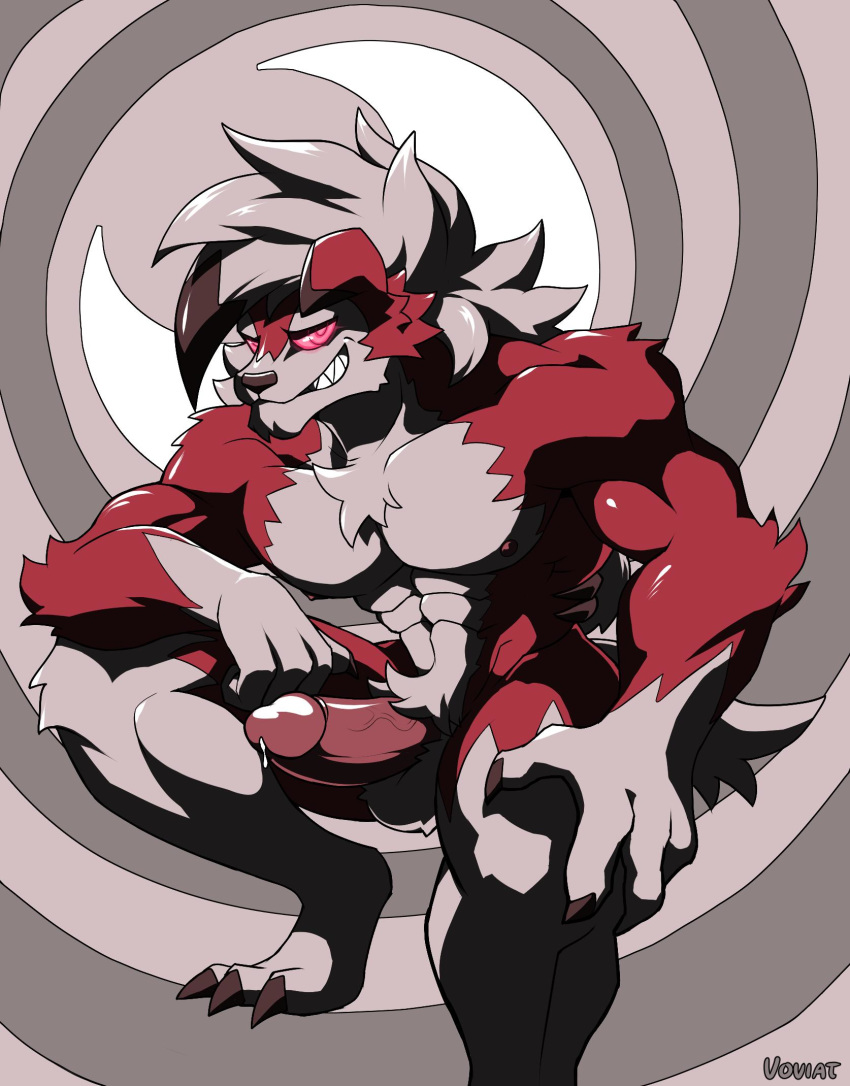 2019 anthro anthrofied balls big_muscles canid canine erection front_view fur hi_res looking_at_viewer lycanroc male mammal midnight_lycanroc muscular muscular_male nintendo nude penis pok&eacute;mon pok&eacute;mon_(species) red_eyes red_fur sharp_teeth solo teeth video_games voviat white_fur