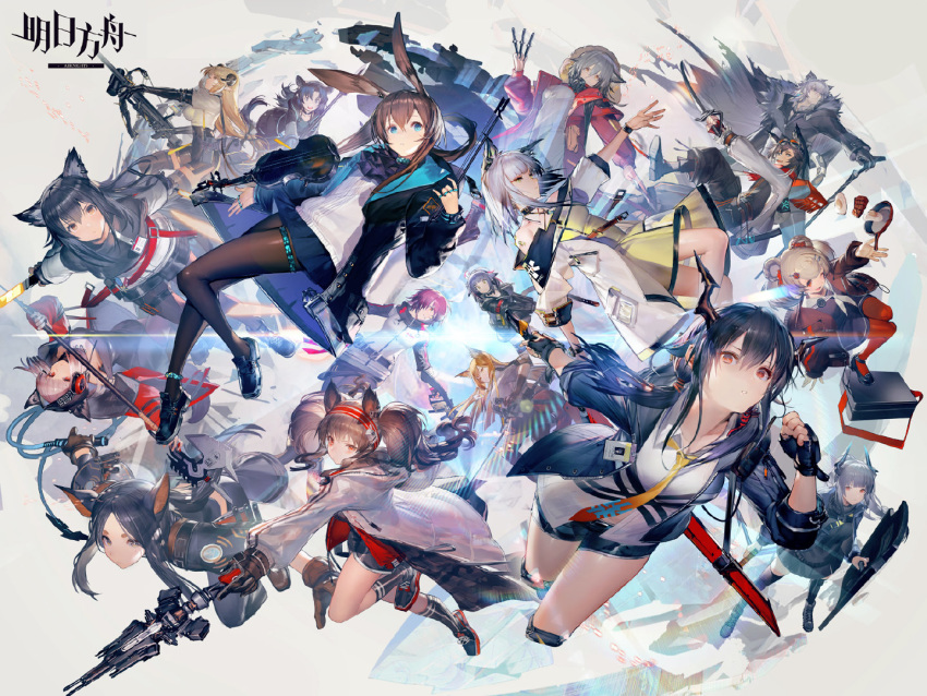 2boys 6+girls ahoge amiya_(arknights) angelina_(arknights) animal_ear_fluff animal_ears arknights asymmetrical_hair bag bangs bare_shoulders black_footwear black_gloves black_hair black_headwear black_jacket black_legwear black_shorts black_skirt blonde_hair blue_eyes blue_hair blue_jacket blush boots bow bow_(weapon) breasts brown_eyes brown_hair bunny_ears ch'en_(arknights) choker closed_mouth coat collarbone cross-laced_footwear detached_collar dress ears_through_headwear expressionless exusiai_(arknights) eyebrows_visible_through_hair fingerless_gloves franka_(arknights) frostleaf_(arknights) frying_pan full_body fur-trimmed_coat fur_trim gloves green_eyes grey_hair grey_shirt gum_(arknights) gun hair_between_eyes hair_bow hairband halberd hand_up hat headphones holding holding_bow_(weapon) holding_staff holding_weapon hood hood_up hooded_coat hooded_jacket horns jacket jessice_(arknights) jewelry kaitsit_(arknights) knee_boots knee_pads lace-up_boots liduke liskam_(arknights) logo long_hair long_sleeves looking_at_viewer medium_breasts messy_hair multiple_boys multiple_girls necktie nightingale_(arknights) off-shoulder_jacket official_art open_clothes open_jacket pantyhose parted_lips pleated_skirt polearm projekt_red_(arknights) purple_dress red_coat red_eyes ring see-through_sleeves shirt short_hair shorts shoulder_bag sidelocks skirt small_breasts smile staff sword tail texas_(arknights) thighhighs twintails very_long_hair weapon white_jacket white_shirt yellow_eyes