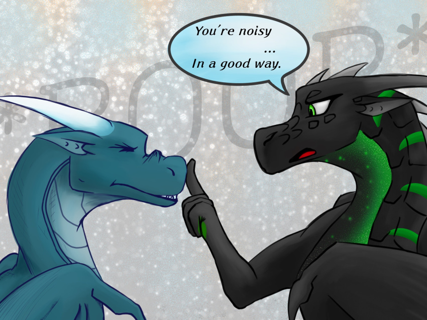 2019 4:3 belly_scales black_scales blue_markings blue_scales boop cold dialogue digital_media_(artwork) dr4c0n1c_m4sters dragon duo english_text feral garo_(garoshadowscale) green_eyes green_markings green_scales hi_res horn larger_feral long_neck looking_at_another male markings membrane_(anatomy) membranous_wings red_tongue reptile scales scalie shaded shadow side_view simple_background size_difference smaller_feral snout snow spikes standing stripe stripes teal_scales text tongue toxic_(dr4c0n1c_m4sters) western_dragon wings