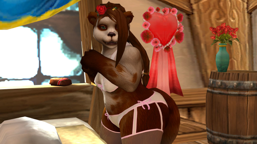 16:9 3d_(artwork) blizzard_entertainment bra brown_hair clothing digital_media_(artwork) fur_patterns green_eyes hair hetaya hi_res holidays ilikepandaren invalid_tag legwear mammal pandaren panties rose_(disambiguation) stockings underwear ursid valentine's_day video_games warcraft