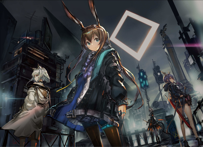 4girls ahoge amiya_(arknights) animal_ears arknights asymmetrical_hair bangs bare_shoulders black_hair black_jacket black_shorts blue_eyes blue_hair breasts brown_hair building bunny_ears ch'en_(arknights) city_lights cityscape closed_mouth detached_collar expressionless eyebrows_visible_through_hair fingerless_gloves floating_hair gloves green_eyes grey_hair hair_between_eyes highres holding holding_sword holding_weapon hood hood_down horns jacket jewelry kaitsit_(arknights) long_hair looking_at_viewer multiple_girls multiple_rings necktie night official_art open_clothes open_jacket outdoors pantyhose pleated_skirt red_eyes ring see-through_sleeves shirt short_hair shorts sidelocks skirt sword twintails very_long_hair weapon white_shirt wind yui_(niikyouzou)