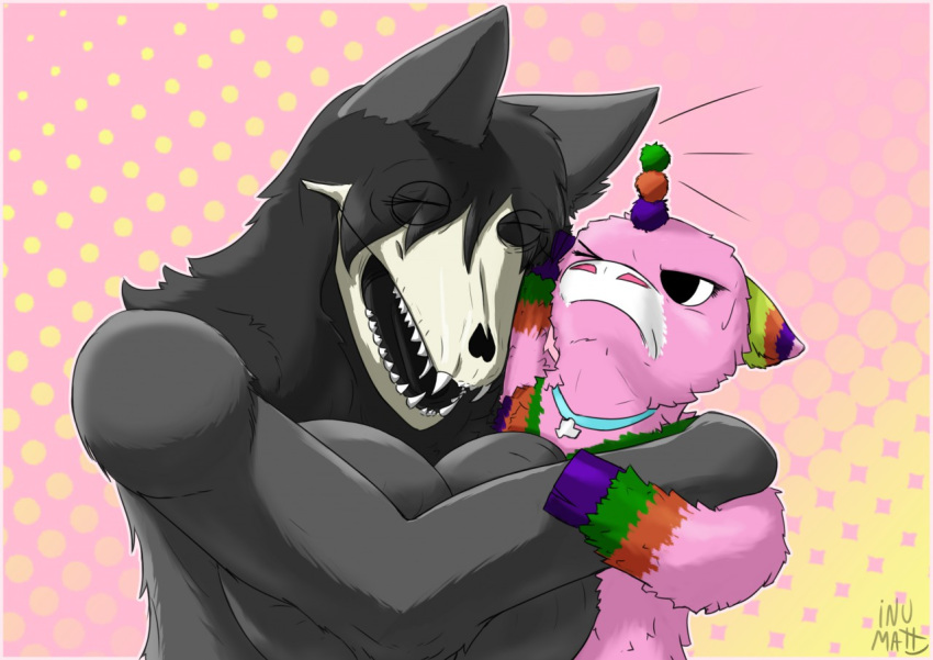 animate_inanimate big_breasts black_fur black_hair breasts canid canine collar duo equid equine eyelashes female fur hair hooves horn mammal pi&ntilde;ata pink_fur scp-1471 scp-956 scp_foundation skull undead unicorn unusualmatias