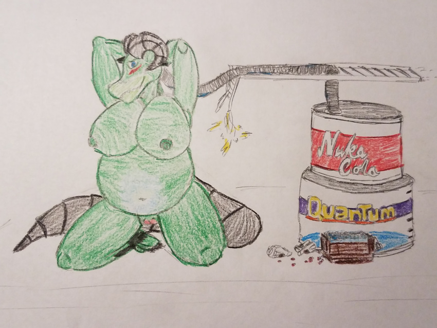 4:3 absurd_res belly bethesda_softworks beverage big_belly big_breasts breasts deathclaw embarrassed fallout glowing hi_res huge_breasts hyper hyper_belly inflation kneeling looking_at_viewer pussy reptile scalie soda video_games