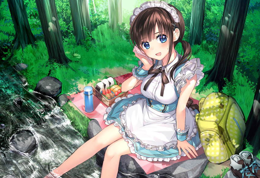 1girl :d apron backpack bag black_bow blue_dress bow breasts brown_hair day dress food forest grass hair_ornament handkerchief looking_at_viewer maid_apron maid_headdress medium_breasts mochiko_(mochiko3121) nature obentou onigiri open_mouth outdoors picnic rock shoes_removed short_sleeves short_twintails sitting smile soaking_feet solo stream sweatdrop thermos tree twintails wrist_cuffs x_hair_ornament yellow_backpack