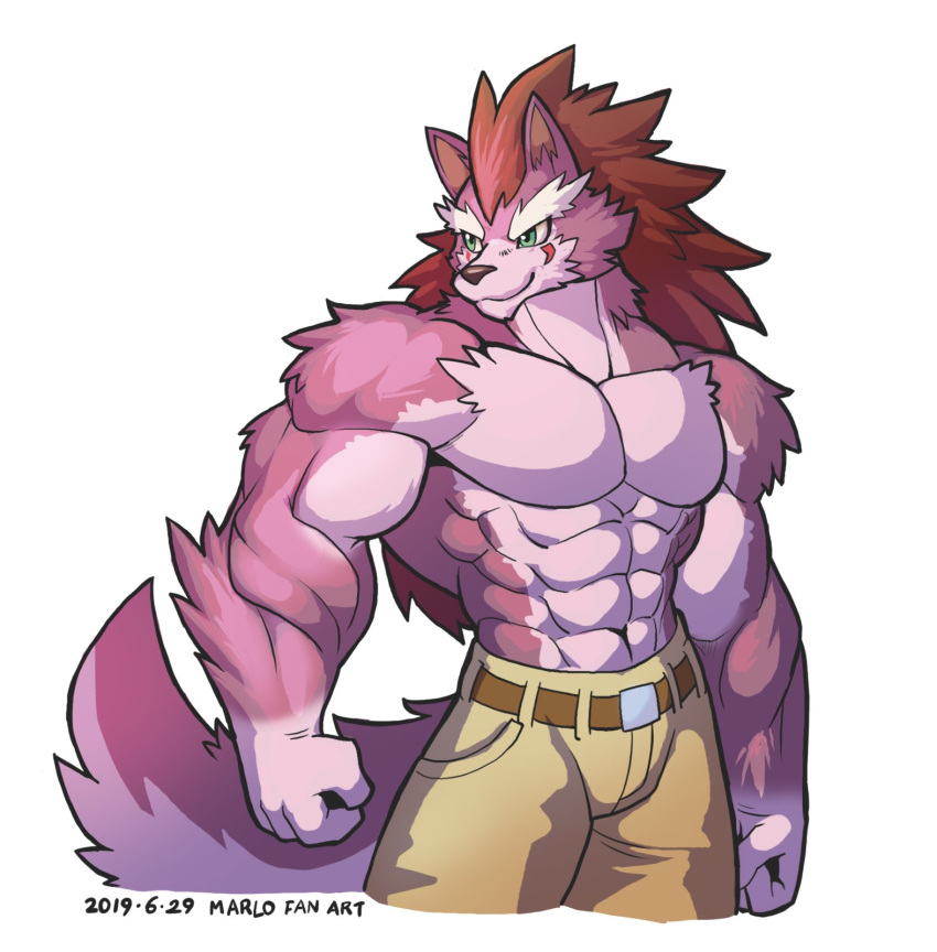 2019 abs anthro belt biceps bottomwear canid canine canis clothed clothing digital_media_(artwork) fur hair hi_res male mammal muscular muscular_male pecs simple_background solo topless wolf wolfmalro