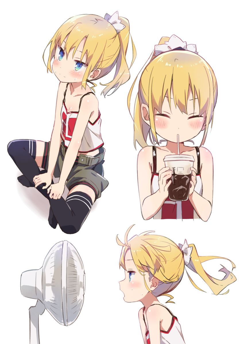 1girl absurdres alternate_hairstyle amaryllis_gumi bangs black_legwear black_shorts blonde_hair blush camisole closed_eyes closed_mouth commentary_request cup disposable_cup drinking drinking_straw electric_fan eyebrows_behind_hair fanning_face green_shorts high_ponytail highres holding holding_cup kotohara_hinari multiple_views no_shoes ponytail profile puffy_shorts short_shorts shorts shorts_under_shorts sitting sweat tama_(tama-s) thighhighs virtual_youtuber white_background white_camisole