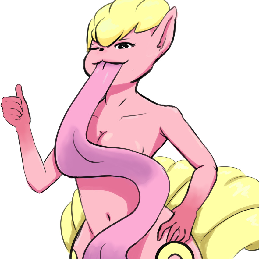 1:1 absurdly_long_tongue anthro breasts convenient_censorship digital_media_(artwork) female fur gesture hand_on_hip hi_res hybrid lickitung long_tongue multi_tail multicolored_fur nintendo nude pink_fur pok&eacute;mon pok&eacute;mon_(species) solo standing thumbs_up tongue tongue_out unknown_artist video_games vulpix yellow_fur
