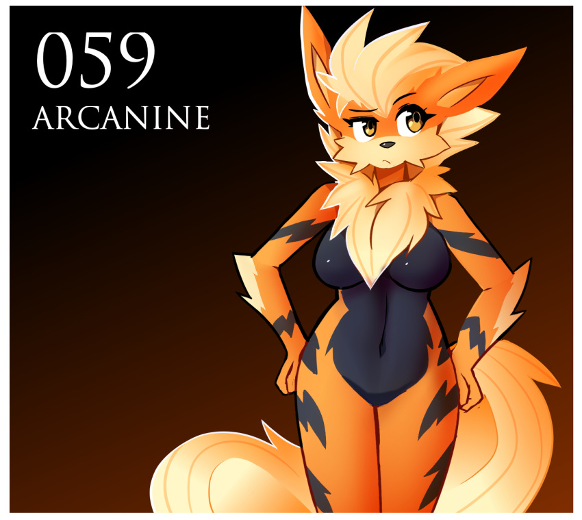 anthro anthrofied arcanine breasts brown_eyes canid canine cheek_tuft chest_tuft digital_media_(artwork) featureless_breasts featureless_crotch female fur hands_on_hips hi_res inget mammal navel nintendo nude orange_fur pok&eacute;mon pok&eacute;mon_(species) pok&eacute;morph simple_background solo tuft video_games