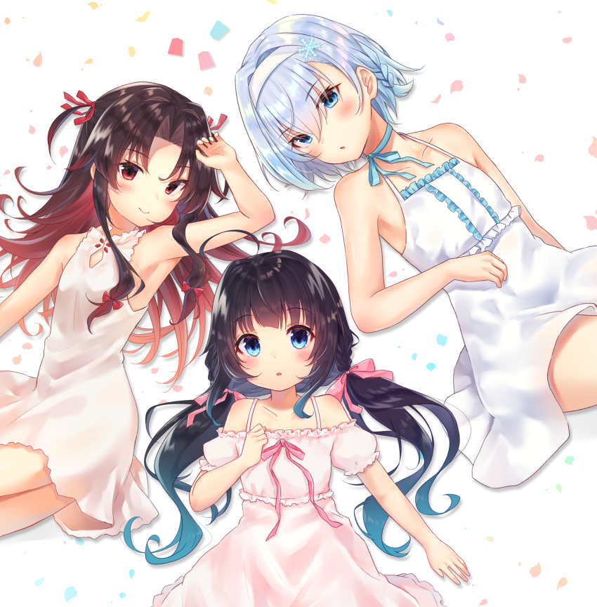 3girls bangs bare_shoulders black_hair blue_choker blue_eyes blue_hair blush bow braid choker collarbone commentary_request dress eyebrows_visible_through_hair frilled_dress frills gyozanuko hair_between_eyes hair_bow hair_ornament hair_ribbon hairband highres hinatsuru_ai long_hair low_twintails lying multicolored_hair multiple_girls off-shoulder_dress off_shoulder on_back parted_bangs pink_bow pink_dress puffy_short_sleeves puffy_sleeves red_eyes red_hair red_ribbon ribbon ribbon_choker ryuuou_no_oshigoto! short_sleeves sleeveless sleeveless_dress snowflake_hair_ornament sora_ginko twintails two-tone_hair two_side_up very_long_hair white_dress white_hairband yashajin_ai