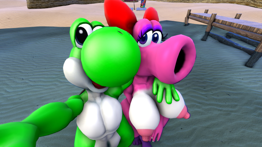 16:9 3d_(artwork) anthro areola barefoot beach big_breasts birdo breasts cleavage clothed clothing daemont92 digital_media_(artwork) dinosaur feet female hi_res looking_at_viewer male mario_(series) mario_bros nintendo nipples nude pier reptile scalie seaside selfie shy smile source_filmmaker video_games water yoshi