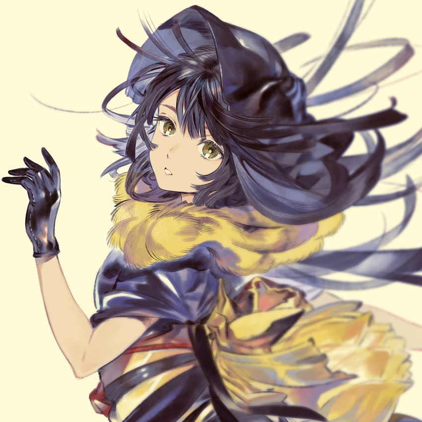 1girl back_bow bangs black_gloves black_hair bow brown_eyes commentary gloves hand_up highres long_hair looking_at_viewer original parted_lips simple_background solo umishima_senbon upper_body yellow_background yellow_bow